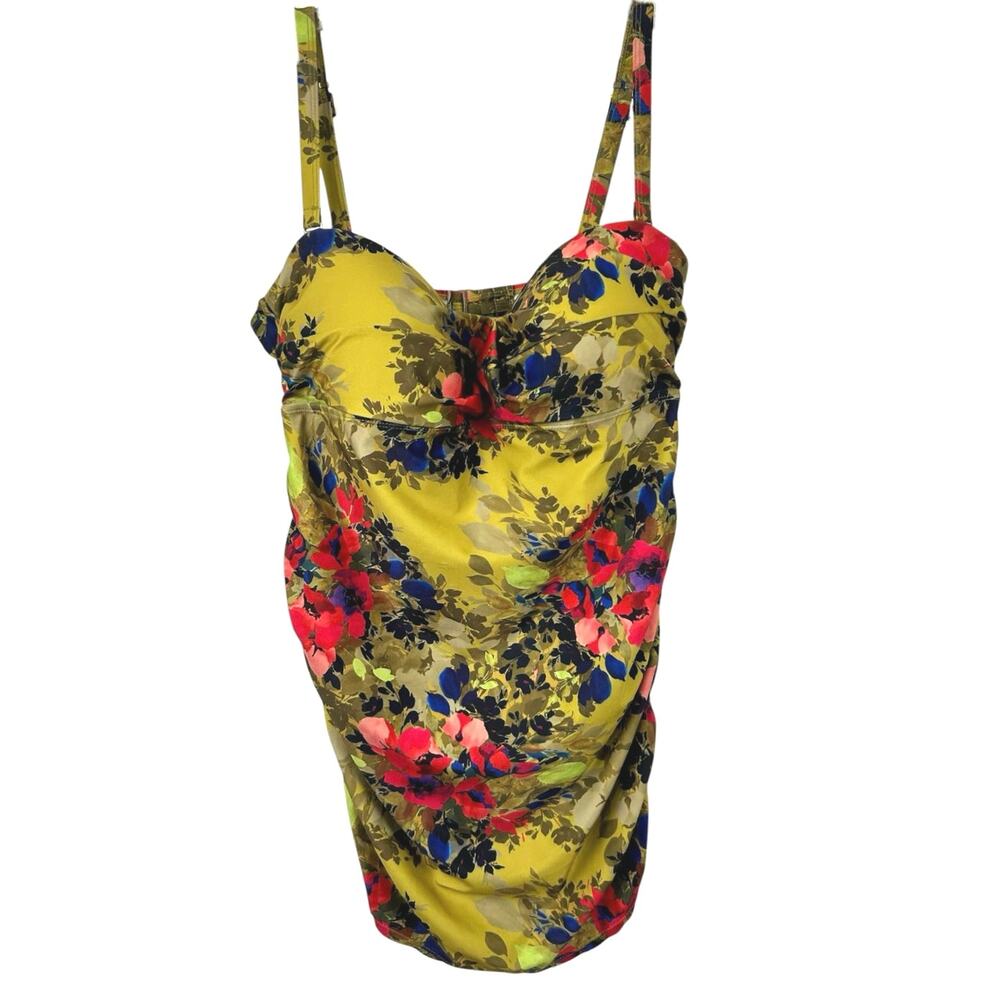 Nicole Miller Studio Floral One Piece Swimsuit XL Green Ruched Tummy Control